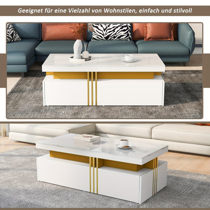 Modern Coffee Table with 2 Storage Drawers - High-Gloss White Artificial Marble Top & Golden Metal Handles, 100x50x40cm, Hardwood Frame, Easy Assembly for Living Room, Coffee Table for Living Room, Decorative Centerpiece, Min