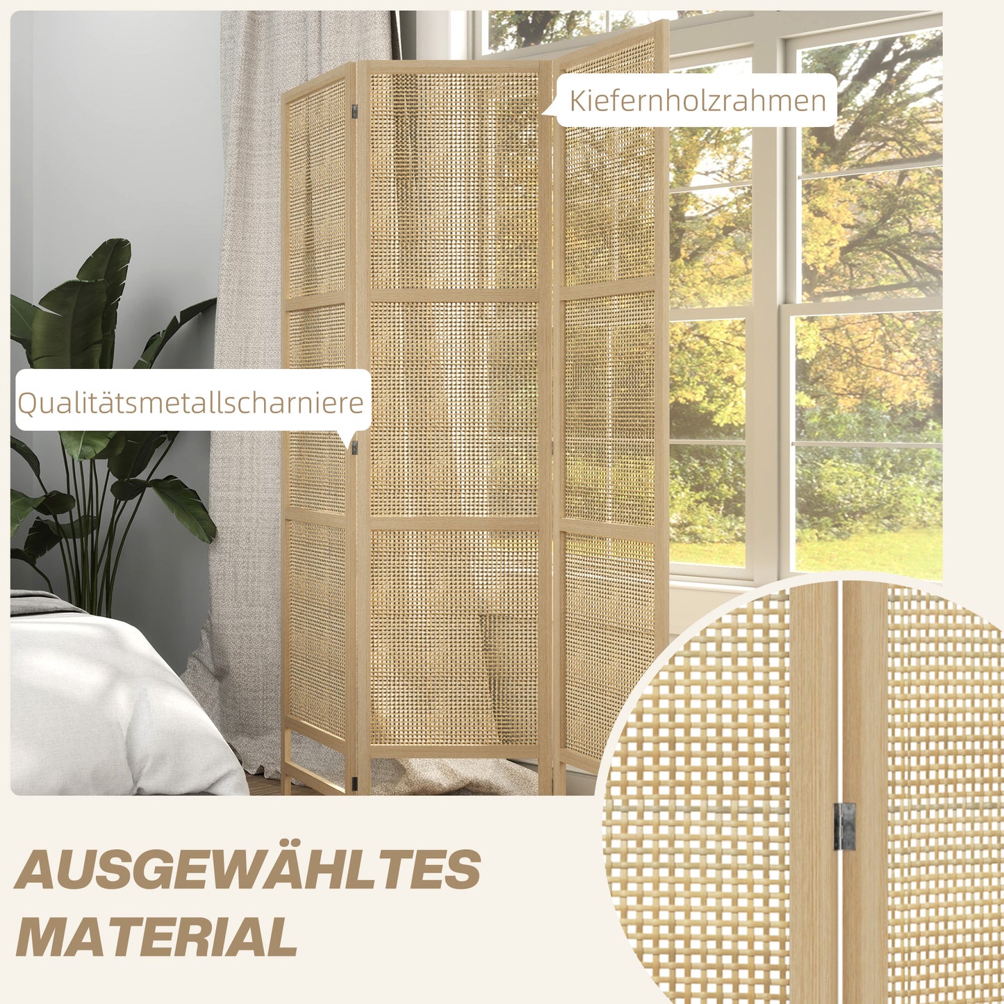 Kamerscherm – Roomdivider – Scheidingswand – Ruimteverdeler – Room Screen – Natuurlijke 3-Delige Kamerscherm – 180 cm Breed – Handgeweven Design – Inklapbaar & Vrijstaand