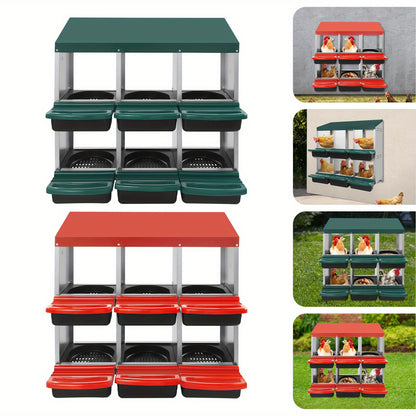 Kippennestkast – Legnestkast – Nestkast Voor Kippen – Kippenhok Nest – Eiernestkast – 6 Compartimenten – Gegalvaniseerd Staal en Kunststof – Automatisch Eierrolsysteem – Ventilatie – Rood