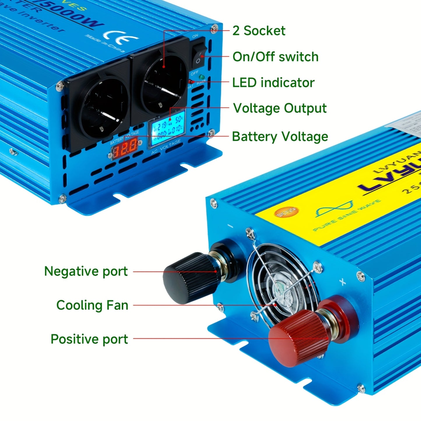 Spanningsomvormer – Omvormer – Inverter – Stroomomzetter – Converter – 24V Naar 220V – 2500W Continu – Pure Sinusgolf Met LCD Display