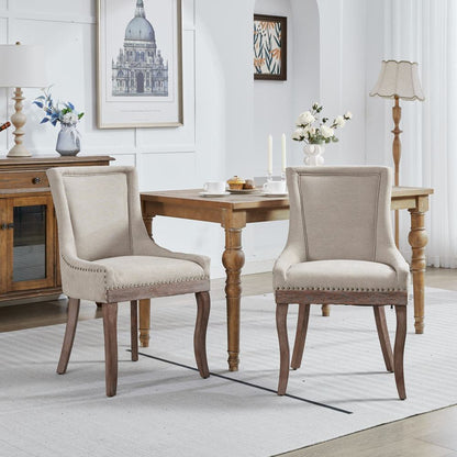 Eetkamerstoel – Stoel – Dining Chair – Zitstoel – Eetkamerstoel Set – Beige Kleur – Dikke Stoffen Zitting – Bronze Spijkerband Afwerking