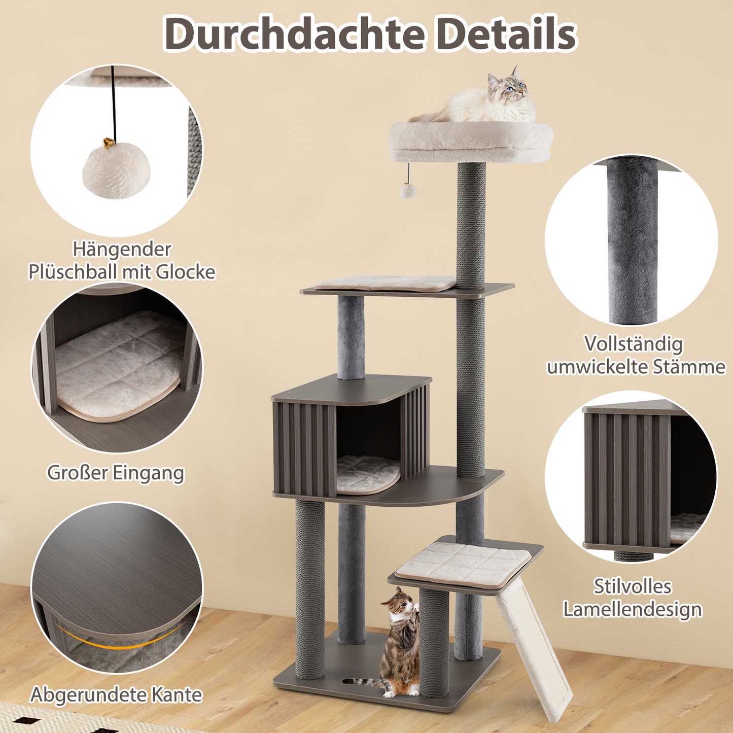 Krabpaal – Kattenboom – Kattenhuis – Kattenmeubel – Klimpaal – 171 cm Hoog – Grote Condo Met Afneembare Kussens – Sisal Krabpanelen