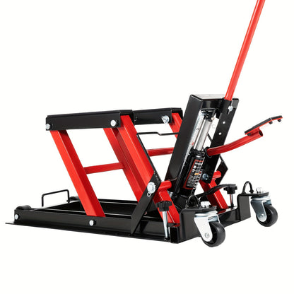 Motorfietsbrug – Motorlift – Hydraulische Motorbrug – Motorkrik – Werkplaatsbrug – 680 kg Belastbaar – Robuust Koolstofstaal Frame – Rood – Verstelbare Hefhoogte – 4 Zwenkwielen