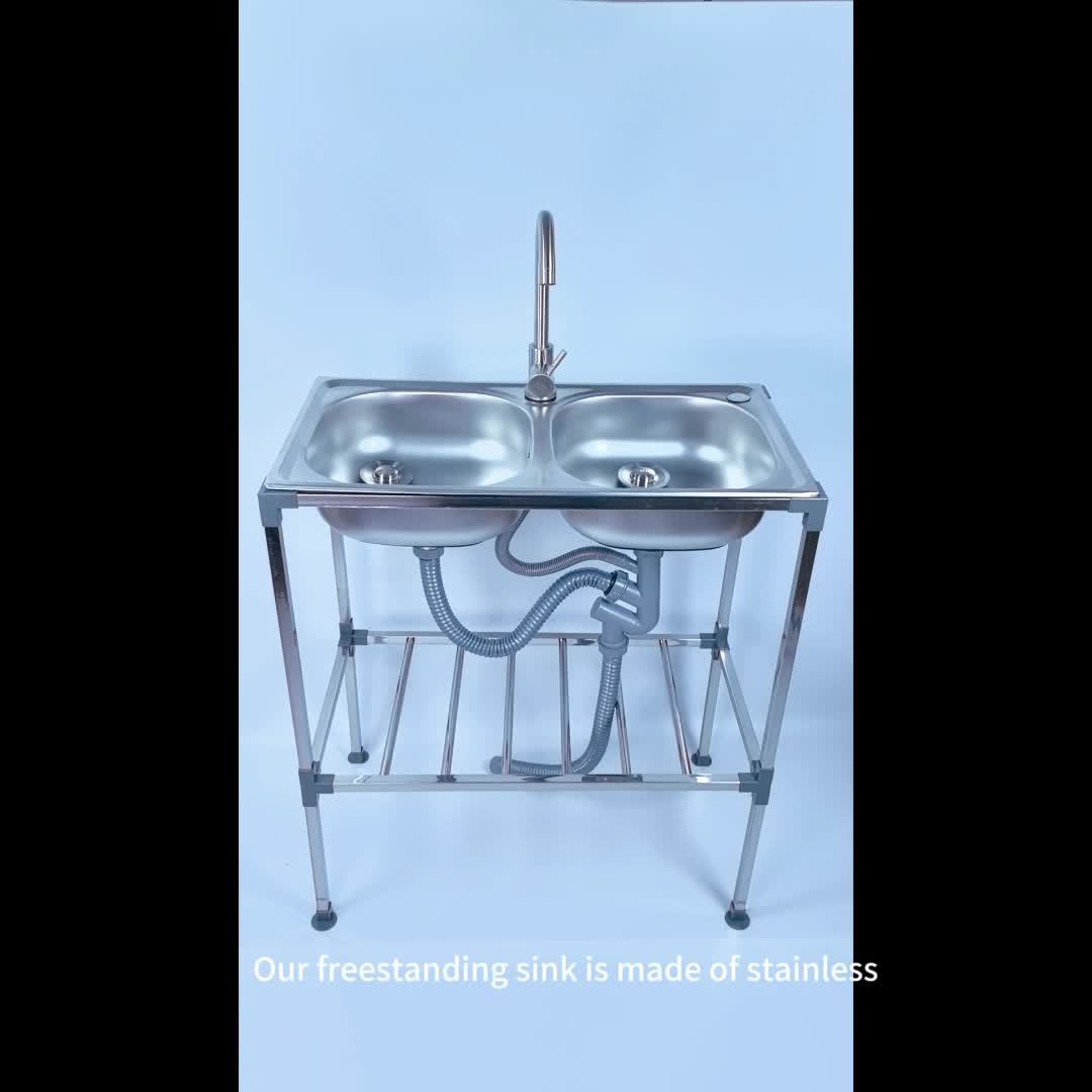 SIZE:75x40x83cm Freestanding Sink, 2 Basins, Bathroom Basin, Lavatory Sink With Hot And Cold Water Taps, Suitable For Kitchen, Outdoors, Camping, Garden, Garage
