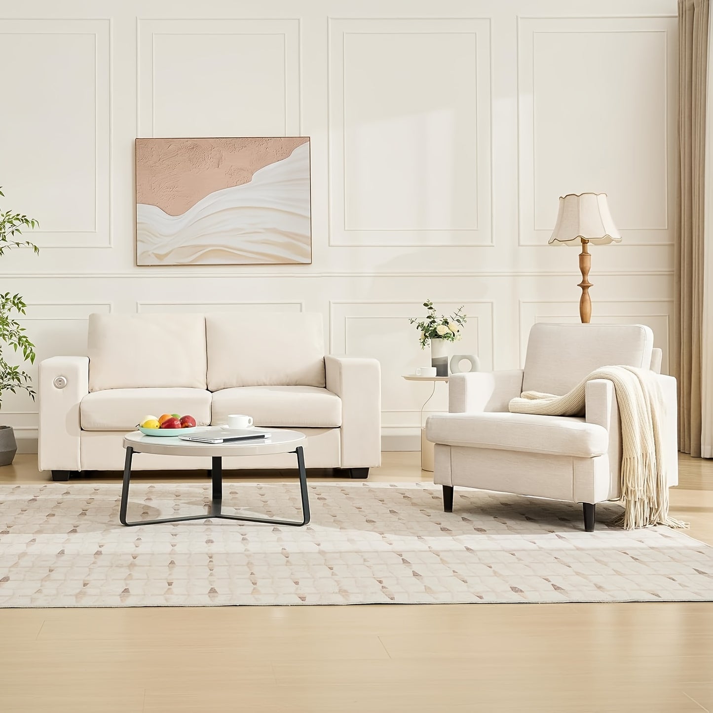 Beige Accentstoel – Slaapkamerstoel – Woonkamerstoel – Eetkamerstoel – Fauteuil – Linnen Bekleding – Stevig Metalen Frame – Mid-Century Design – Comfortabel Schuimkussen – Gemakkelijk Zelf Te Monteren
