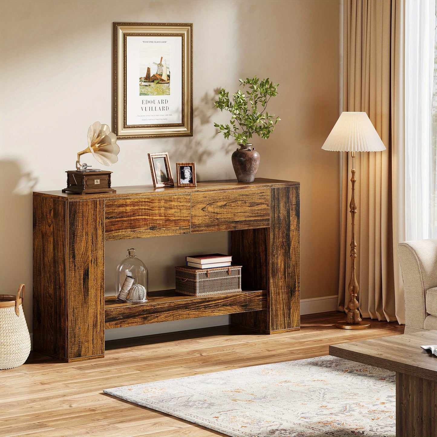 Extra Lange Haltafel – Halmeubel – Sofa Tafel – Sidetable – Wandtafel – 139,95 cm Lang – Verborgen Lades en Open Planken – Stevige MDF Houtlook – Eenvoudig Te Monteren
