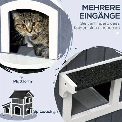 Kattenhuis – Buitenverblijf Kat – Huisdierverblijf – Dierenhuis – Buitenren – Twee Verdiepingen – Meerdere Ingangen – Gegalvaniseerd Staal – Waterdicht Tarpa Dak