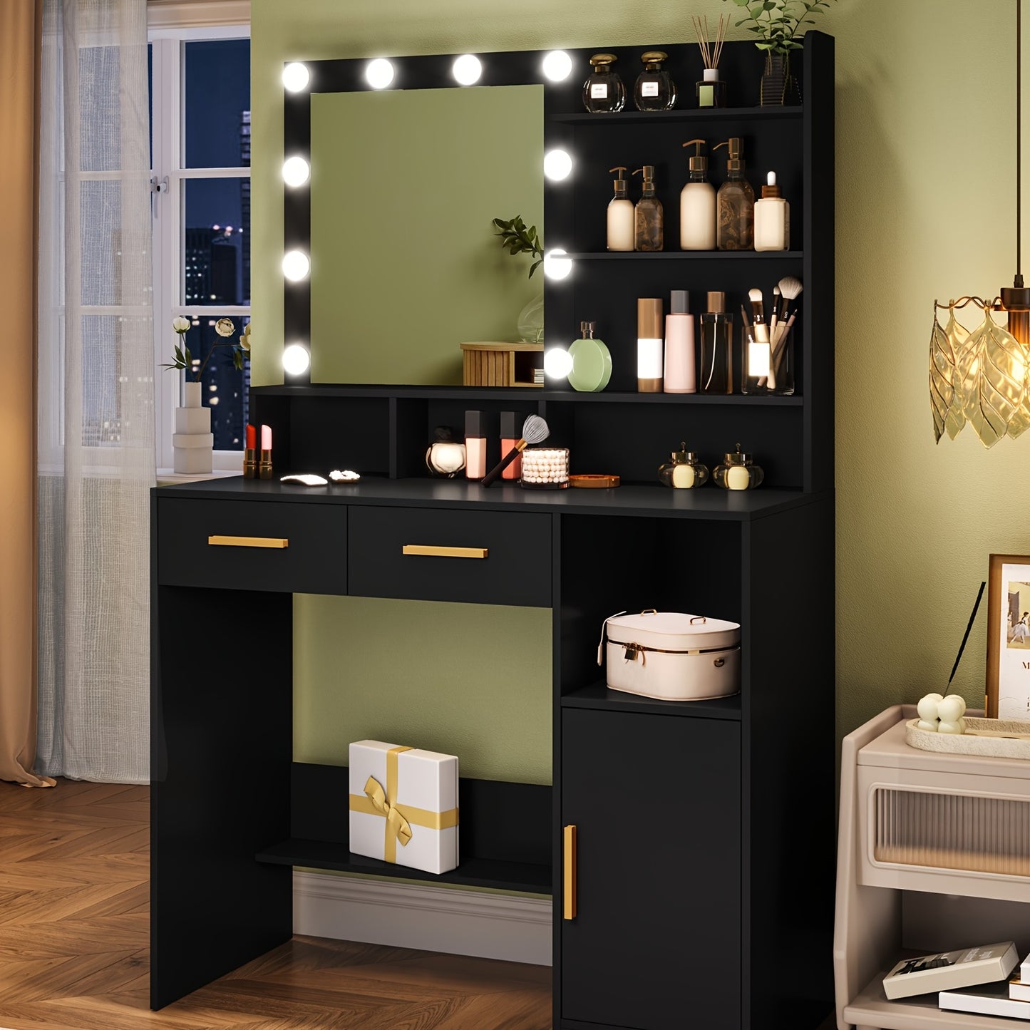 Dressing Table With Mirror And 10 LED Lights, Adjustable Brightness, Dressing Table With 2 Drawers & 1 Cabinet, 3 Shelves & 4 Open Compartments, White