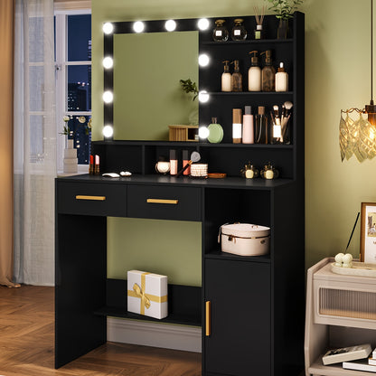 Dressing Table With Mirror And 10 LED Lights, Adjustable Brightness, Dressing Table With 2 Drawers & 1 Cabinet, 3 Shelves & 4 Open Compartments, White