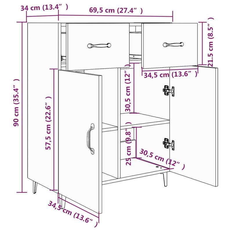 Dressoir – Opbergkast – Ladekast – Buffetkast – Woonkamerkast – Mat Zwart – MDF & Houtfineer – 69,5x34x90 cm – Modern Design – Veel Opbergruimte