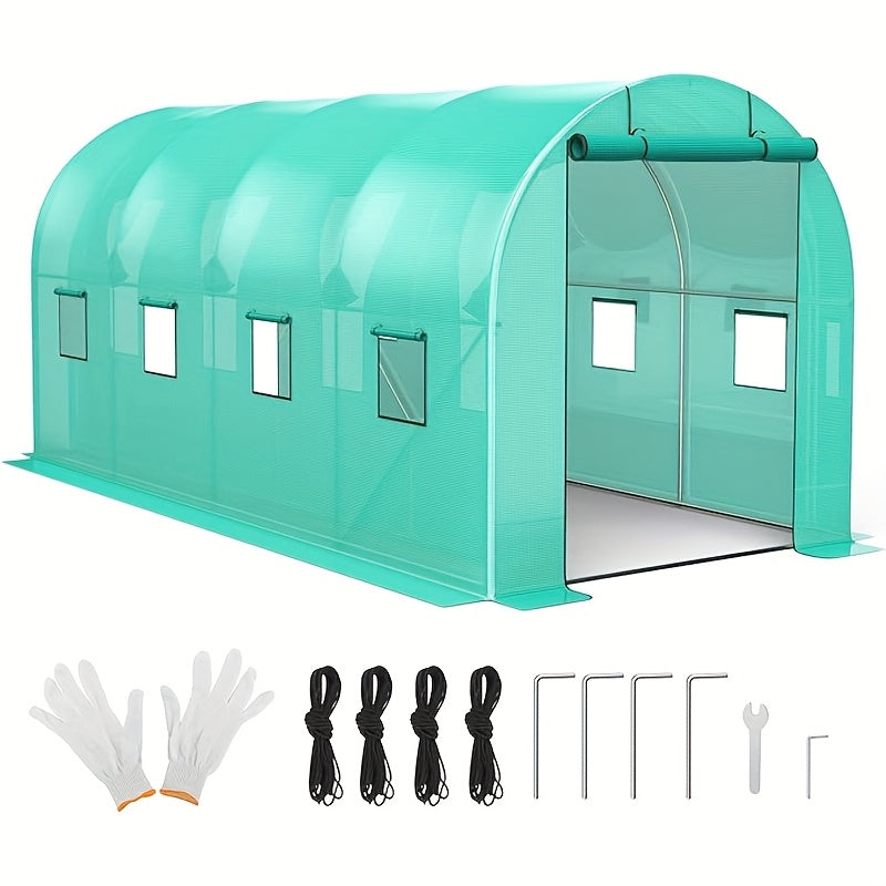 Heavy-Duty Greenhouse with Galvanized Steel Frame - Outdoor Plant Growing tunnel, 2 Doors & 6 Windows, Anchor Mesh Base for Stability, Transparent Panels for Natural Light - Ideal for Home, Commercial, or Educational Gardens - QUORE