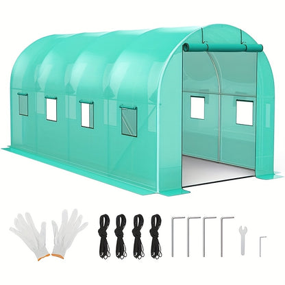 Heavy-Duty Greenhouse with Galvanized Steel Frame - Outdoor Plant Growing tunnel, 2 Doors & 6 Windows, Anchor Mesh Base for Stability, Transparent Panels for Natural Light - Ideal for Home, Commercial, or Educational Gardens - QUORE