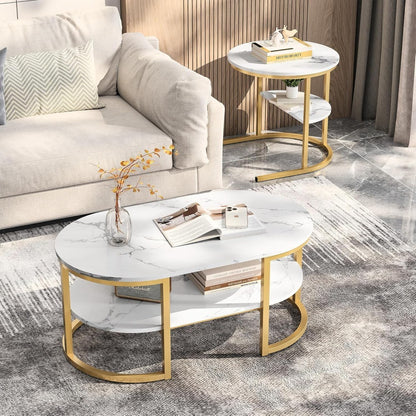 Salontafel – Bijzettafel – Woonkamertafel – Tafellenset – Ovaal en Rond – Wit Goud Faux Marmer – Ruimtebesparend en Stevig MDF