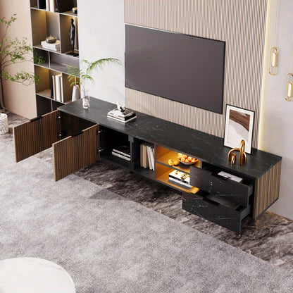 TV-kast – Meubel – Entertainmentkast – Woonkamerkast – TV-meubel – 200 cm – Zwart Marmer – Donker Houtnerf – 2 Deuren – 2 Lades
