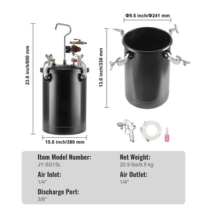 Verfspuit – Verfspuit Drukvat – Spuitapparaat – Verfspuit Systeem – 4mm Nozzle – 15 Liter Capaciteit – Aluminium Duurzaam – Instelbare Druk tot 60 PSI