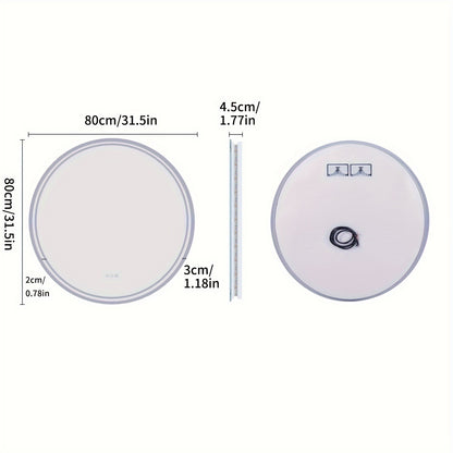Round LED Bathroom Mirror, Dimmable Lighting, 60/80cm Backlit Anti-fog Makeup Wall Mirror, Smart Touch Button, Cold/Warm/Neutral Light, Memory Function Modern Shaving Mirror, with Frosted Edge, Bathroom Mirrors for Wall, Cont