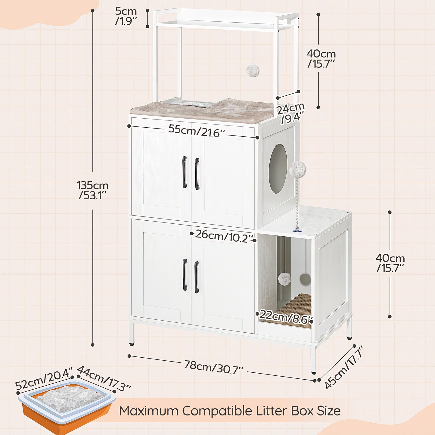Kattenbak Kast – Kattenbak Meubel – Verstopte Kattenbak – Kattenbak Met Plank – Kattenbak Ombouw – Inclusief 2 Hangende Pluche Ballen – Met Speelbal – Wit