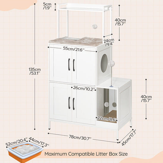 Kattenbak Kast – Kattenbak Meubel – Verstopte Kattenbak – Kattenbak Met Plank – Kattenbak Ombouw – Inclusief 2 Hangende Pluche Ballen – Met Speelbal – Wit