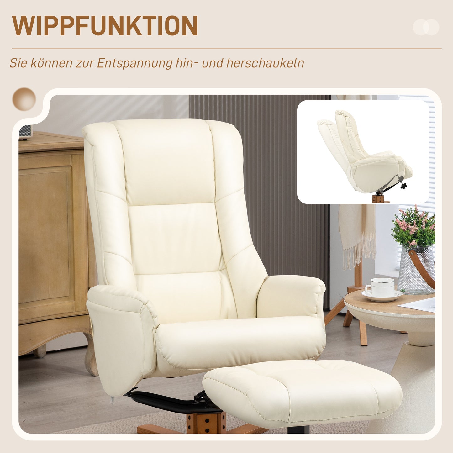 Relaxfauteuil – Relaxstoel – Stoel Met Voetenbank – Loungefauteuil – Fauteuil Crèmewit – Verstelbare Rugleuning – Kunstleer, Draagkracht 150 kg