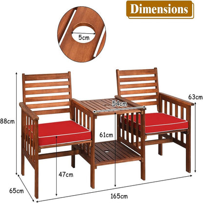 Loveseat Acaciahout – 2-zits Bankje – Buitenbank – Tuinbank – Loungeset – Inclusief Tafel en Kussens – Duurzaam Acaciahout – Parasolgat 5,3 cm