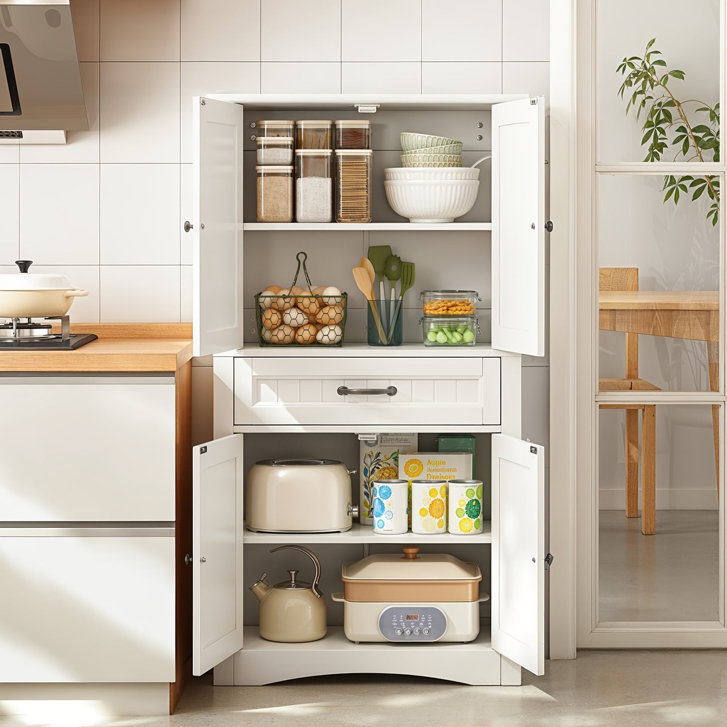 Opbergkast – Voorraadkast – Kastje – Dressoir – Bergkast – Modern – 4 Deuren Met Lade – Verstelbare Planken – Anti-Kiep Veilig – Wit Hout Kunstbord