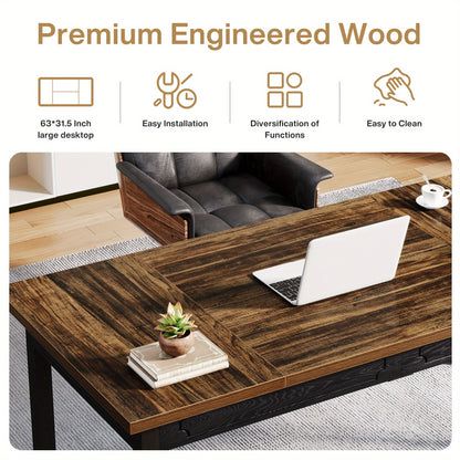 Bureau – Werkplek – Schrijftafel – Tafel – Computertafel – Rechthoekig – Stevig Metalen Frame – Rustiek Bruin Houten Blad