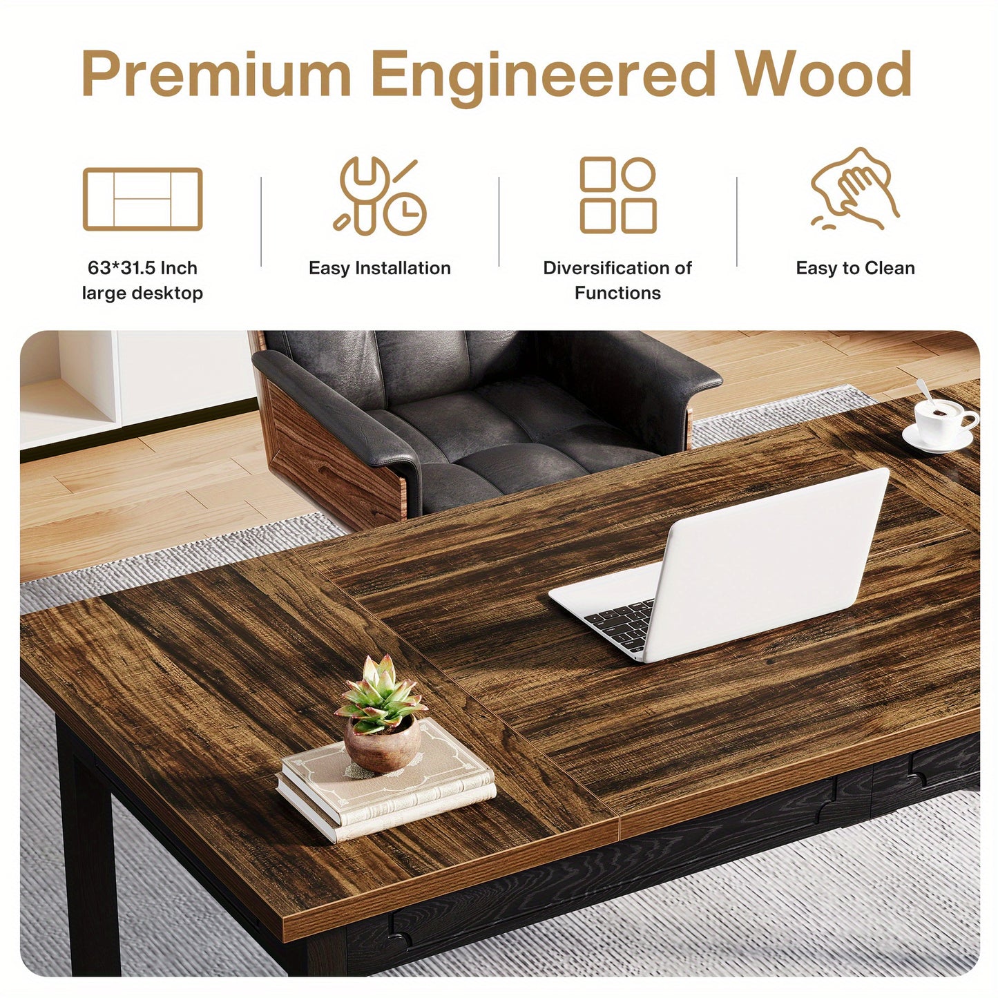 Bureau – Schrijftafel – Bureautafel – Werkplek – Computertafel – Rustiek Bruin – Metaal & Hout – 68,5 cm Hoog – 3,2 Kubieke Voet Opbergruimte