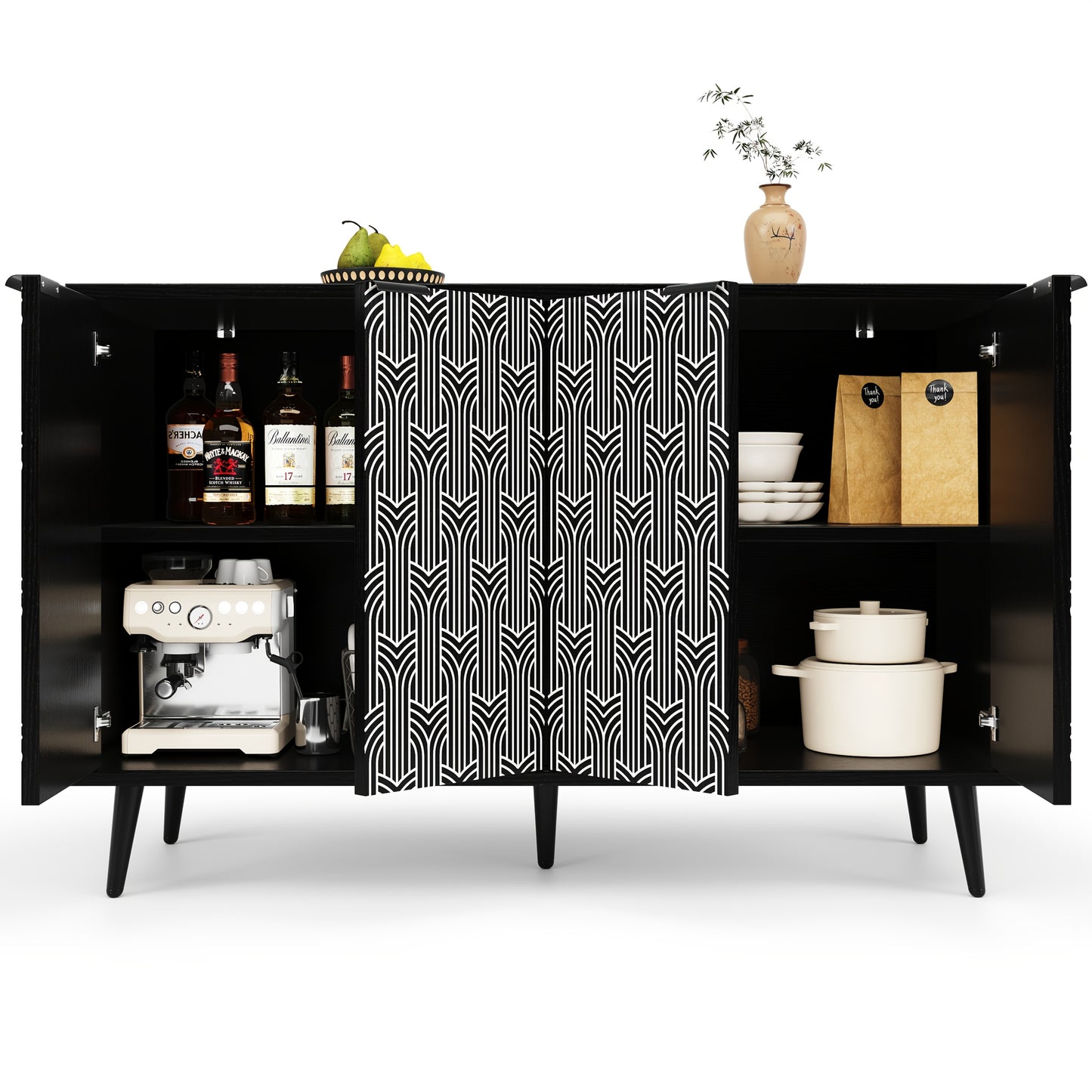 Vrijstaand Kastje – Opbergkast – Dressoir – Buffetkast – Kledingkast – Modern Zwart – Visgraatpatroon – 120x35x78 cm – Bamboe – Eenvoudige Montage