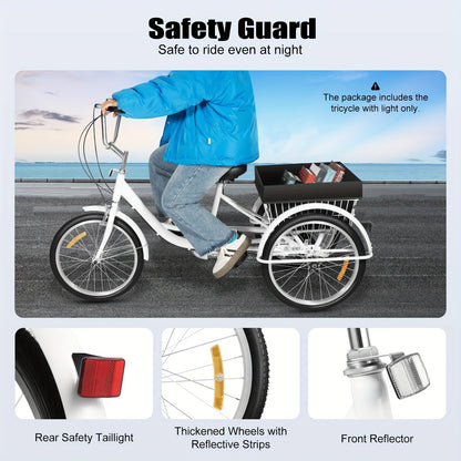 Driewieler – Driewieler Fiets – Volwassenen Driewieler – Driewieler Met Mand – Driewieler 3-Wiel – Wit – 50,8 cm – 8 Versnellingen – Verstelbaar Zadel