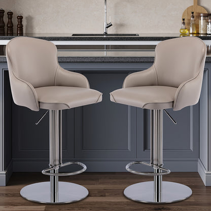 Modern Black Titanium Stainless Steel Bar Stool with Adjustable Height & Swivel Base - Heavy-Duty Metal Construction, Beige Leather Cushioned Seat & Backrest, Upholstered Backrest For Kitchen, Dining Room, Home Bar - Easy Ass