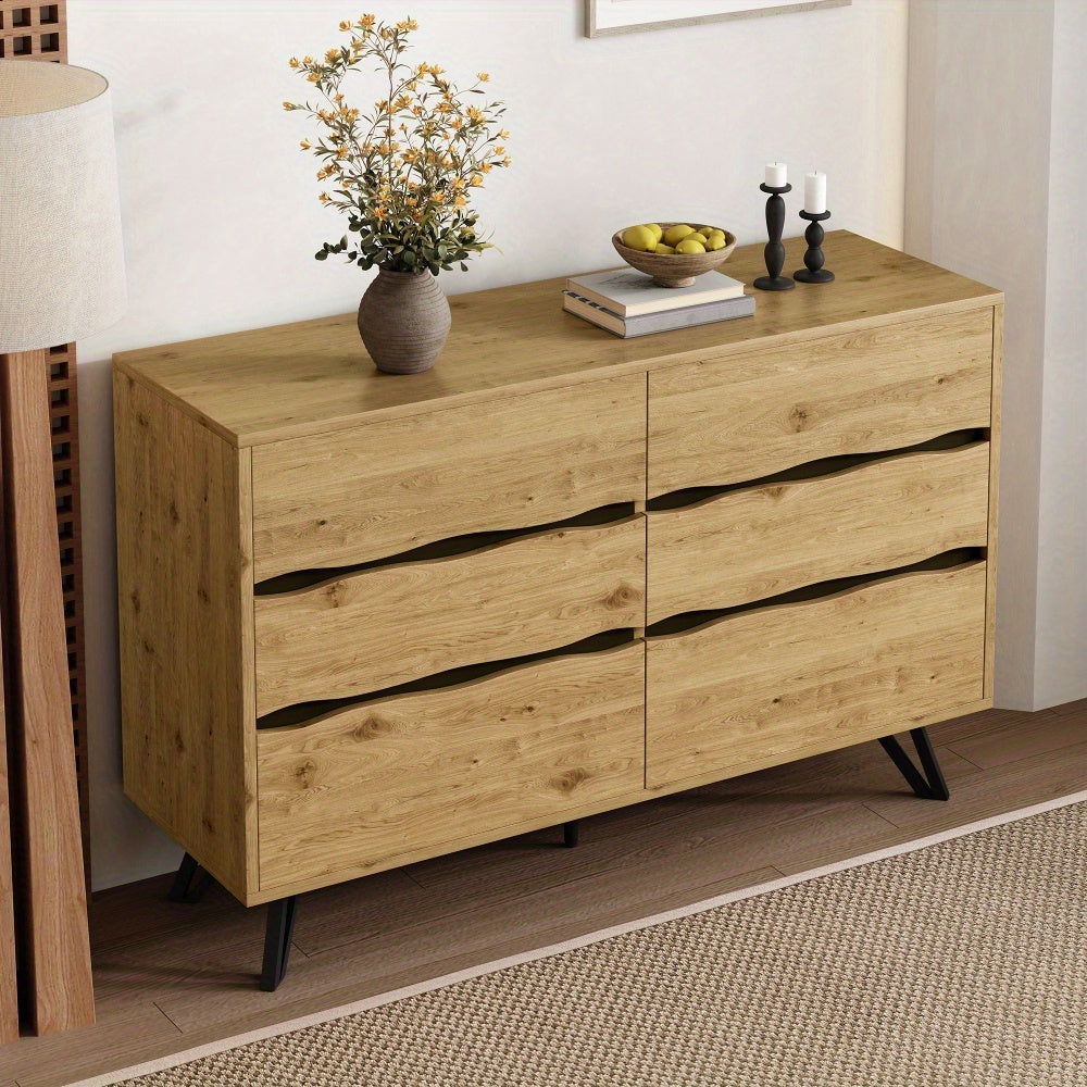 Dressoir – Sideboard – Opbergkast – Ladenkast – Kast – Natuurlijk Kleur – 6 Lades – Metalen Pootjes – Ruime Opbergruimte – Eenvoudige Montage