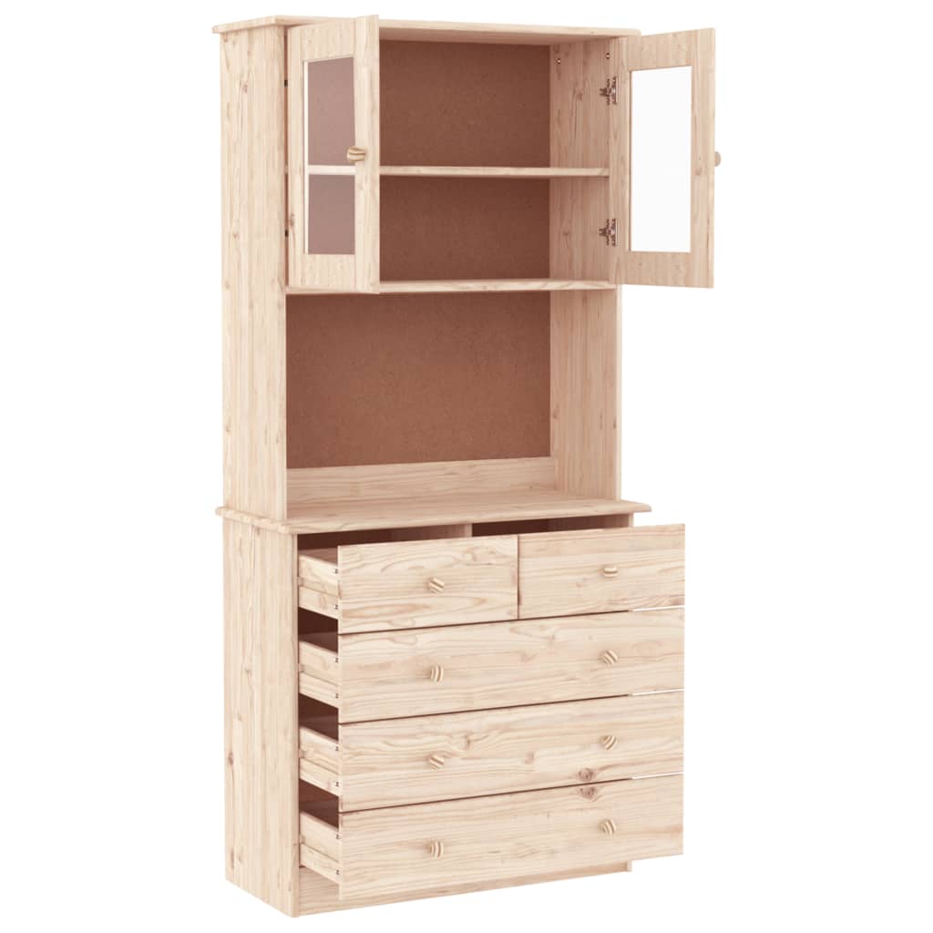 Kast – Hoge Kast – Opbergkast – Opbergmeubel – Woonkast – Massief Dennenhout – Ruime Indeling met Glazen Deuren