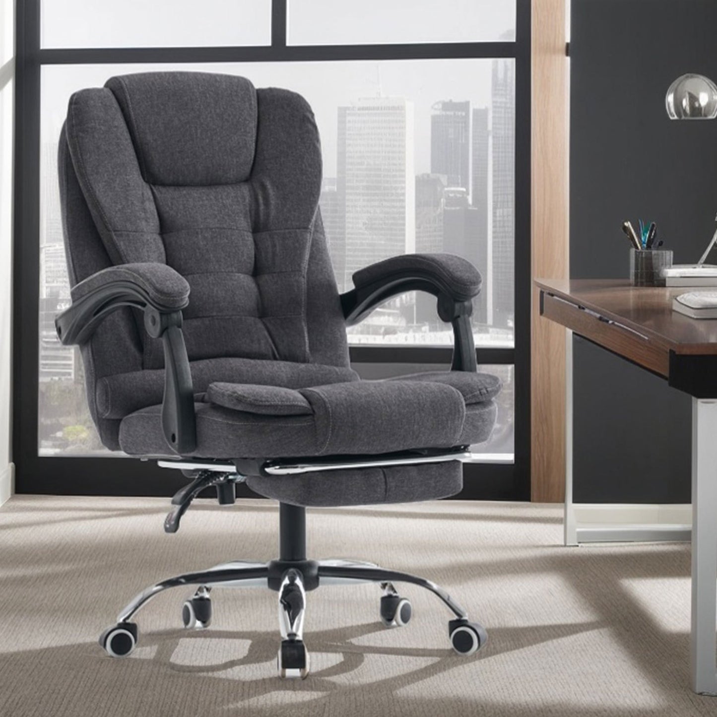 Bureaustoel – Kantoorstoel – Werkstoel – Computestoel – Directiestoel – Verstelbare Zithoogte – Memory Foam Kussens – Donkergrijs