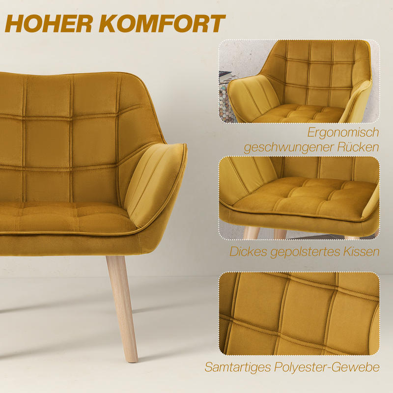 Scandinavian Modern Accent Chair with Mustard-Yellow Velvet-Like Upholstery - Heavy-Duty 120kg Weight Capacity, Rubberwood Legs & Easy Assembly - Vibrant Yellow Armchair for Living Room, Bedroom, Office - Durable Comfortable