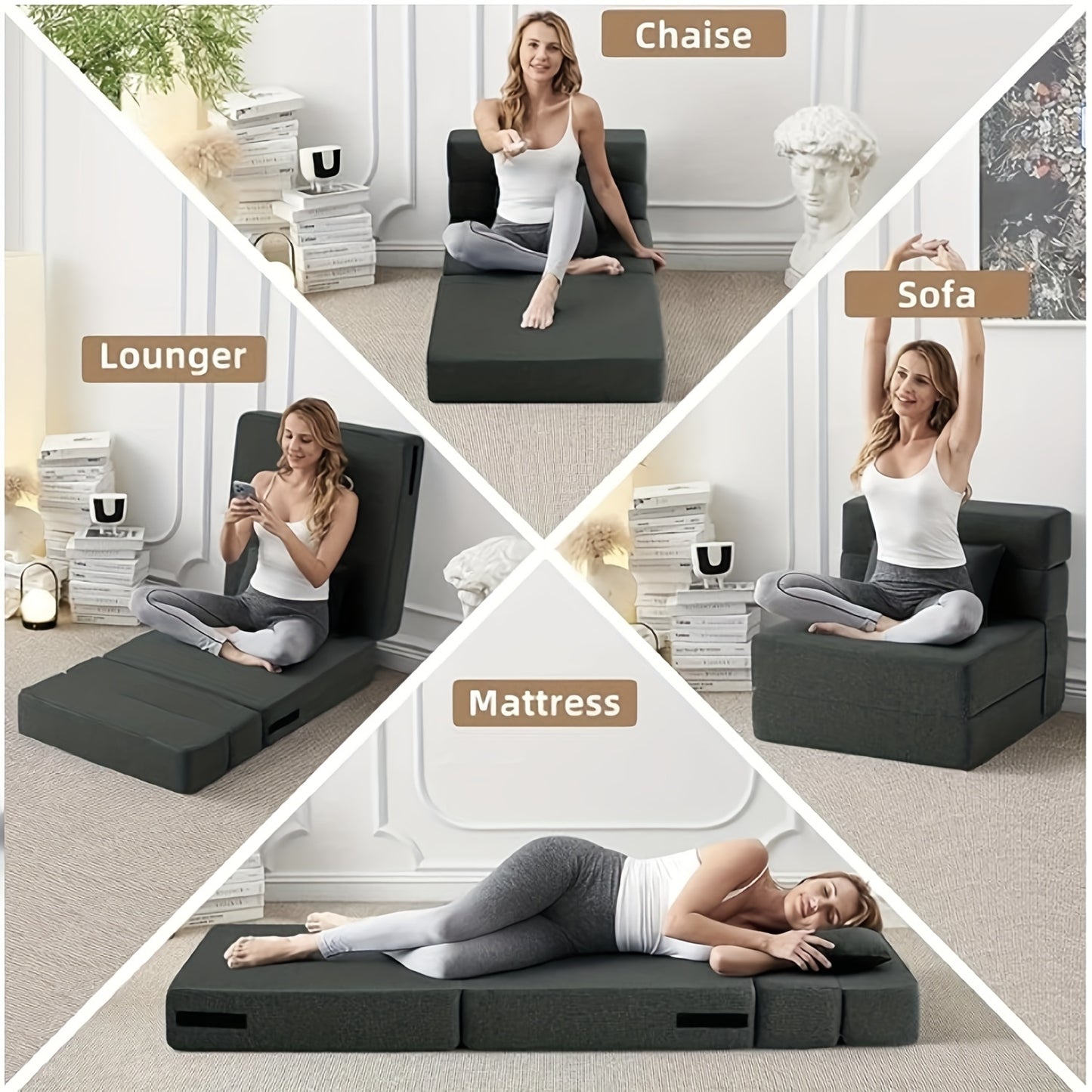 4-in-1 Vouwbare Sofa Bed – Slaapbank – Loveseat – Loungestoel – Stoel – Donkergrijs – Comfortabel Memory Foam – Duurzame PU Bekleding