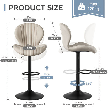 Barstoelen – Barkrukken – Barstoeltje – Keukenkruk – Bistrokruk – Set van 2 – Verstelbare Hoogte – 360° Draaibaar – Beige Kunstleer – Ergonomisch Met Rugleuning En Voetsteun