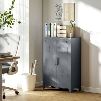 Archiefkast – Opbergkast – Kantoorkast – Dossierkast – Metalen Kast – Grijs – Lameldeuren – 2 Verstelbare Legborden – Stevig en Functioneel – 75x33x110 cm