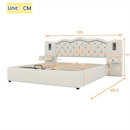 Bedframe – Ledikant – Slaapbank – Boxspring – Bed met Opbergruimte – Beige – Hydraulische Lift – Geïntegreerd Hoofdbord – 180x200 cm – Zachte Stof