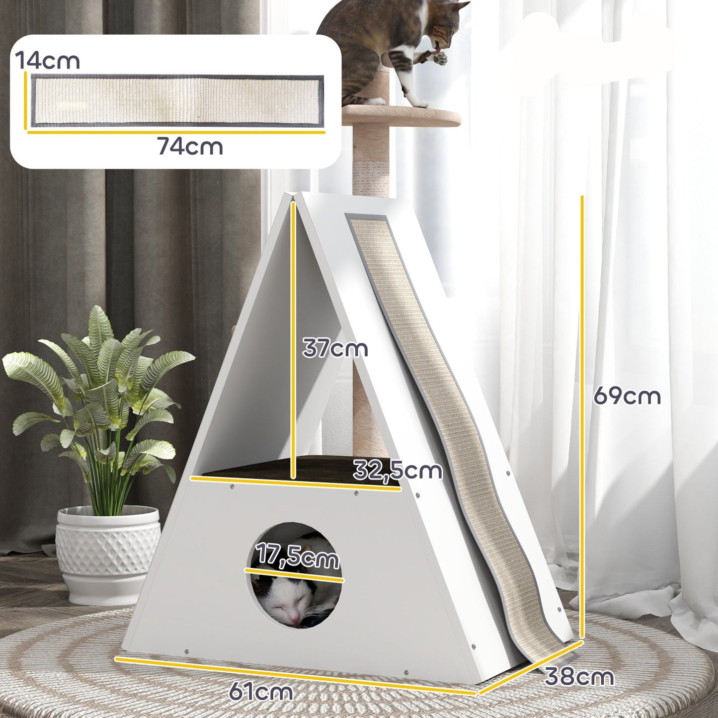 Kattenhuis – Kattenmand – Kattenhol – Kattenhut – Kattenverblijf – 2 Verdiepingen Met Matten – 4 Sisal Krabpalen – Hout – Wit-Beige