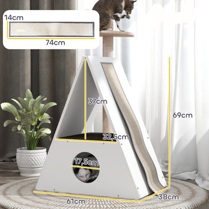 Kattenhuis – Kattenmand – Kattenhol – Kattenhut – Kattenverblijf – 2 Verdiepingen Met Matten – 4 Sisal Krabpalen – Hout – Wit-Beige