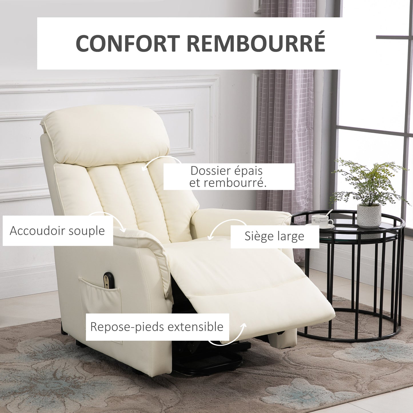 Elektrische Relaxstoel – Verstelbare Fauteuil – Power Lift Stoel – Tv Stoel – Relaxfauteuil – Met Afstandsbediening – Met Voetensteun – Max 150 kg – Crème Polyester