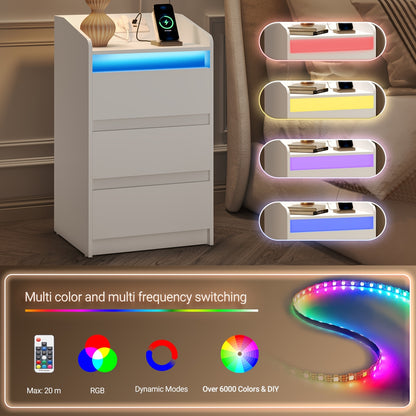 Nachtkastjes – Bedside Table – Nachtkastje Set – Opbergkastje – Bijzettafel – Met Oplaadstation en LED-verlichting – 2 AC Stopcontacten & 2 USB-poorten – Wit – 3 Lades – 35x40x68 cm