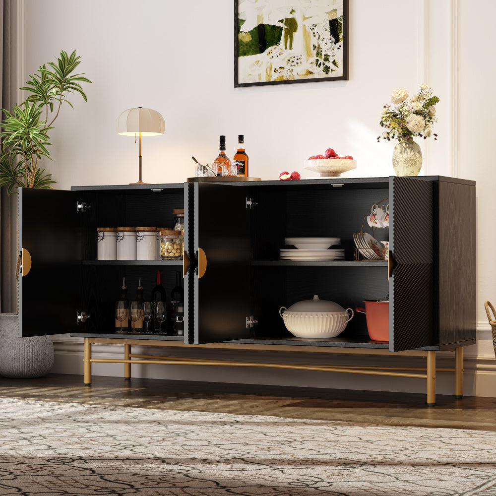 Extra Lange Kast – Dressoir – Sideboard – Opbergkast – Vitrinekast – 160 cm Breed – Zwart Spaanplaat – Vrijstaand Ontwerp – Gouden Handgrepen & Poten