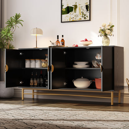 Extra Lange Kast – Dressoir – Sideboard – Opbergkast – Vitrinekast – 160 cm Breed – Zwart Spaanplaat – Vrijstaand Ontwerp – Gouden Handgrepen & Poten