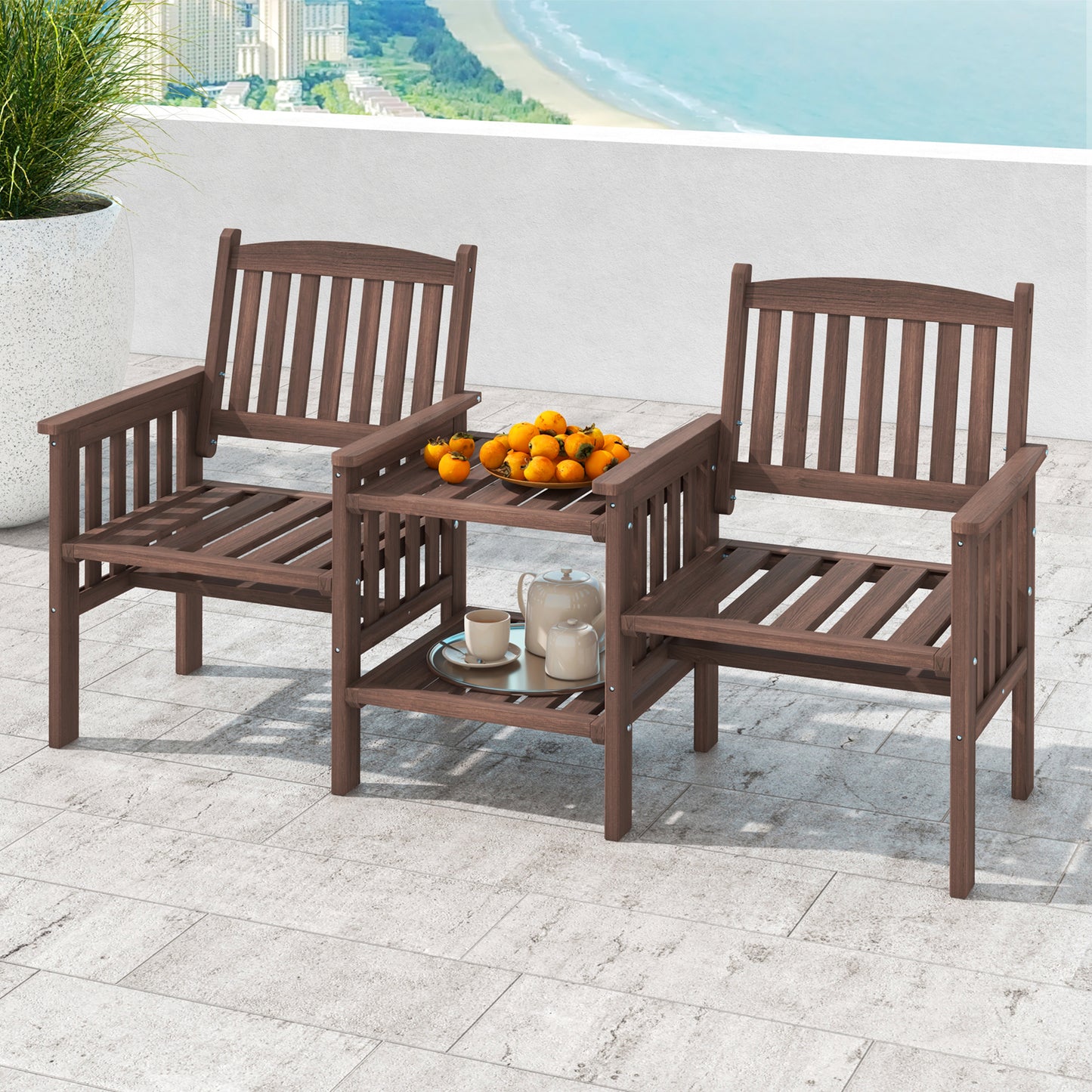 Tuinbank – Buitenbank – Zitbank – Buitenmeubel – 2-zits bank – Duurzaam Grenenhout – 2-laagse Tafel Met Parasolgat 5 cm
