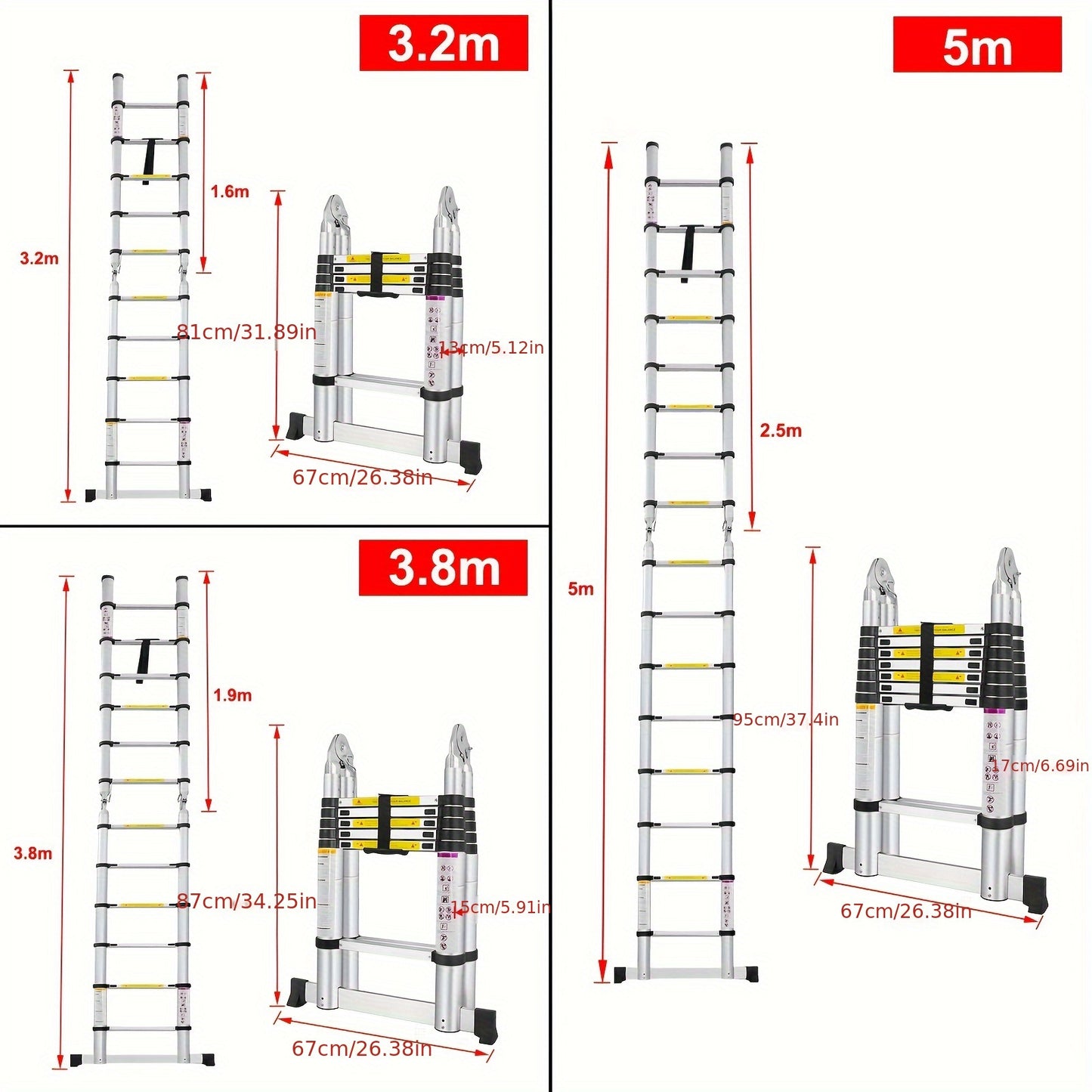 LZQ 3-Step Foldable Aluminum Extension Ladder with Non-Slip Rubber Feet, Adjustable Height & Ergonomic Handles - Lightweight Portable Design for Home, Office, Construction Use, Ladder for Home Use, Sturdy Construction