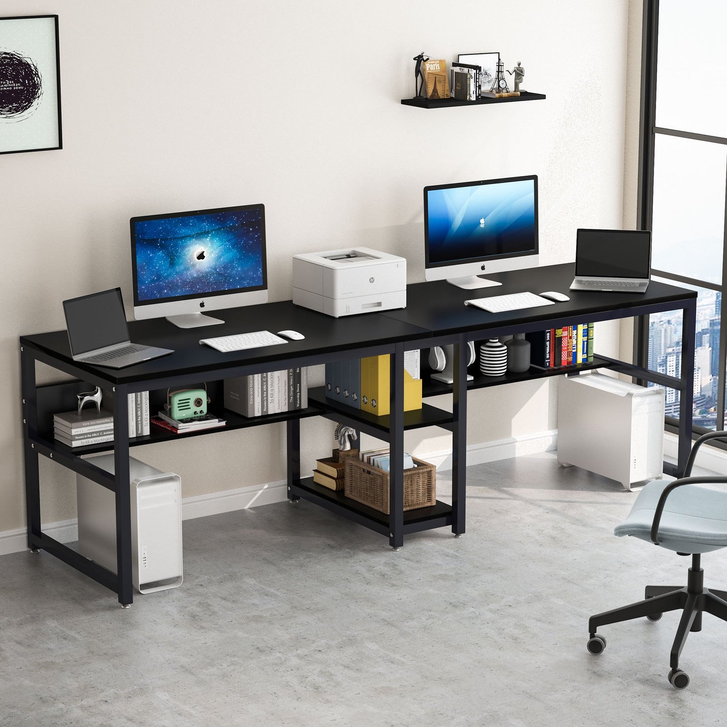 Bureau – Bureautafel – Werkplekmeubel – Computertafel – Kantoormeubel – Dubbel bureau voor twee personen – Met opbergrekken en verstelbare voeten – Industrieel zwart metalen frame met sterk kunsthouten blad – Draagvermogen 249 kg