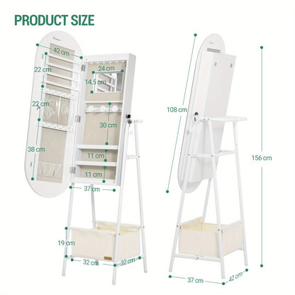 Jewelry Cabinet, Standing Mirror Cabinet, Built-in 6-LED Lighting And Mirror, Lockable, Wall Cabinet with Mirror, with Hanging Compartments And Baskets, Modern Elegance, White, Jewelry Armoires
