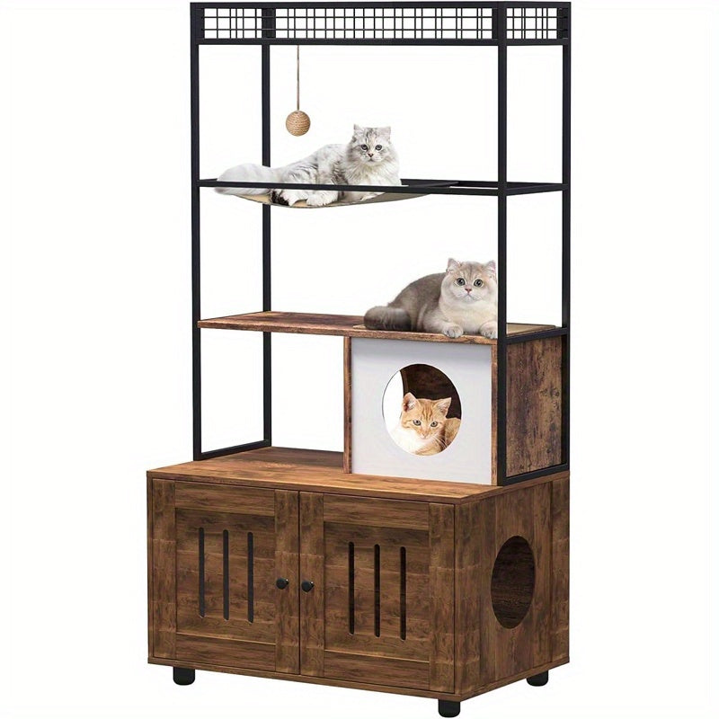 Multi-Level for cat Cabinet with Litter Box Enclosure, Metal Shelves, Hanging Bed & Play Ball - Double Door for cat House with Hidden Litter Box, Spacious for cat Cave with Entrance Tunnel - Sturdy Modern Design for Indoor fo