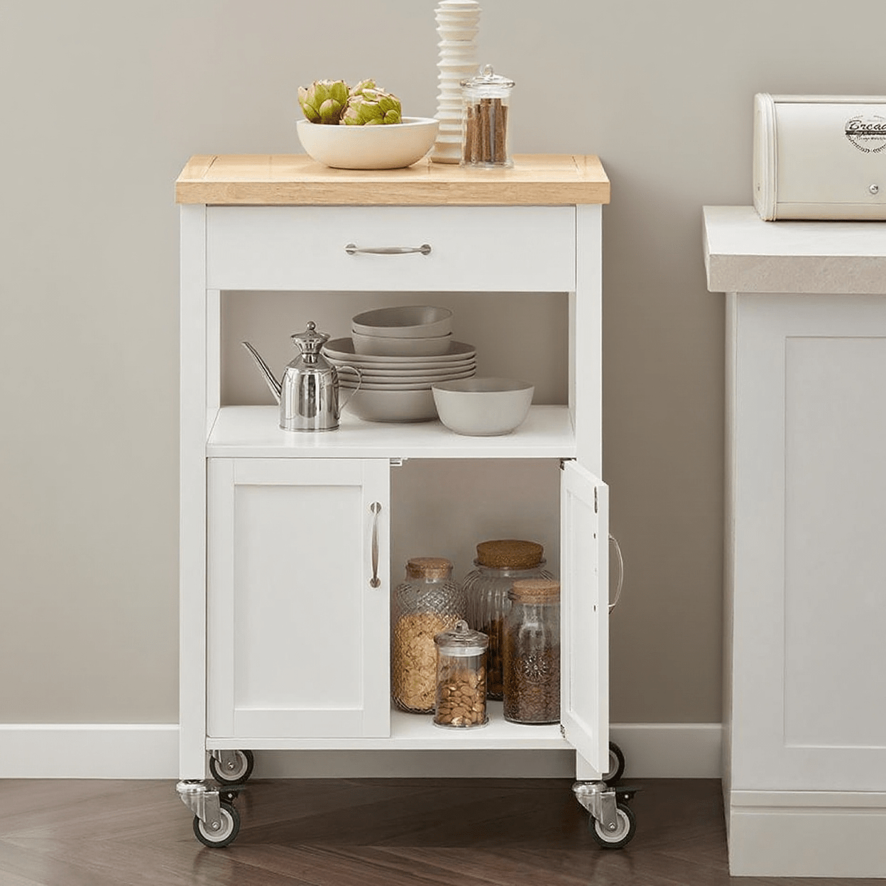 Keukentrolley – Keukenwagen – Serveerwagen – Opbergtrolley – Mobiele Keukenkast – Compact 60x92x45 cm – Rubberwood Werkblad – 4 Wielen met Rem